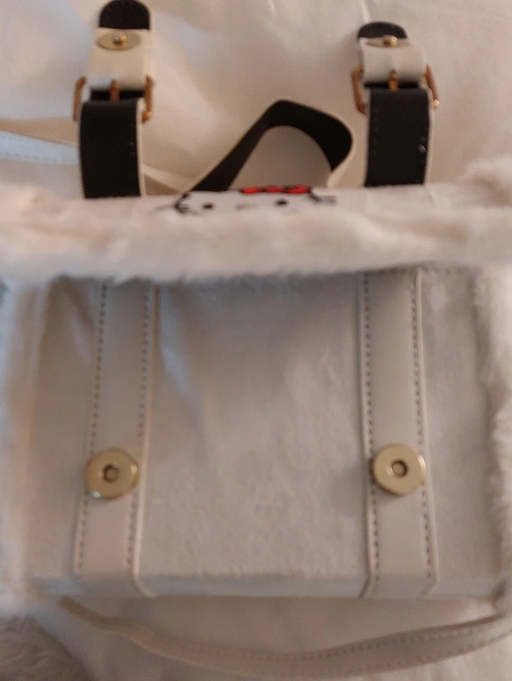 HELLO KITTY- White Faux Fur Handbag with Red Bow Accent